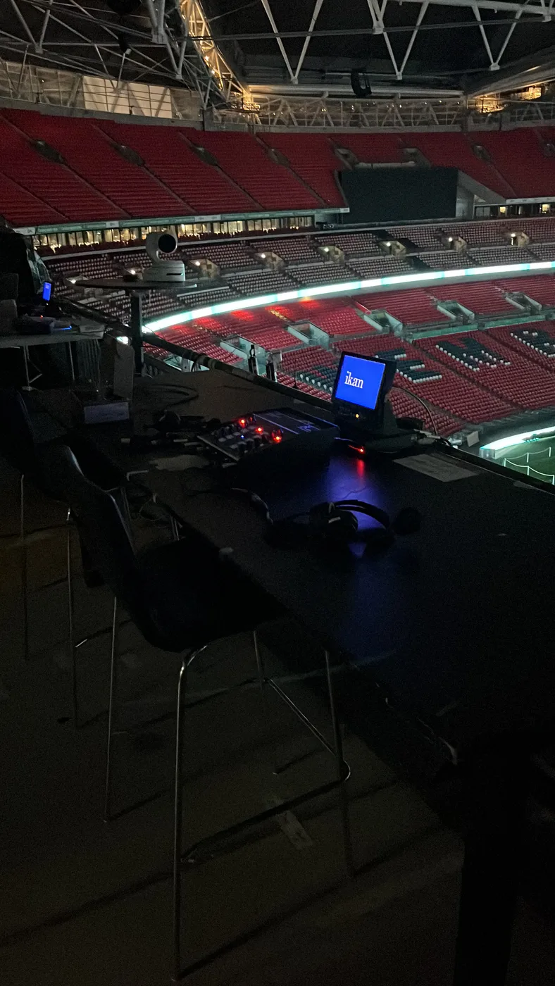 A broadcast monitoring position overlooking Wembley Stadium